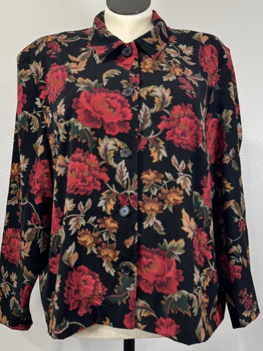 Briggs New York Jacket Womens Size 2X Black Red Floral Button Up Lightweight